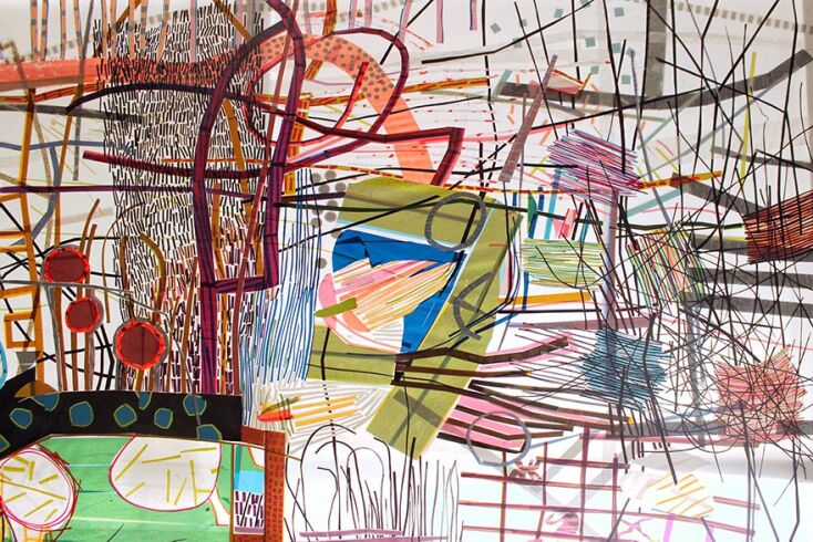 Ανθία Λοΐζου, “We inhabite each other” installation (detail), tapes on paper, wooden vintage bed, 2019