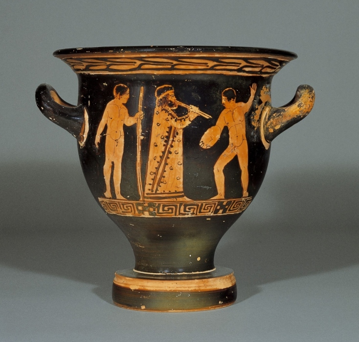 Κωδωνόσχημος αττικός κρατήρας για κρασί με παράσταση αυλητή (430-420 π.Χ.) από ανώνυμο καλλιτέχνη γνωστό ως Ζωγράφος του Κάδμου