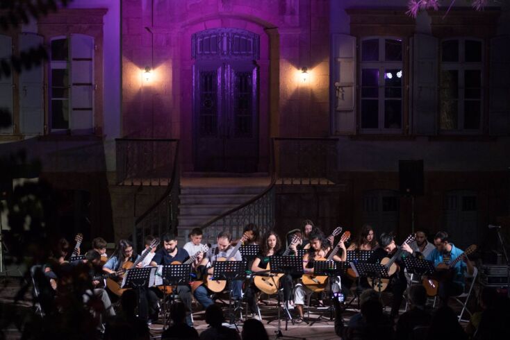 Μουσικοί που παίζουν κιθάρα στο φεστιβάλ Αρίων στη Λέσβο