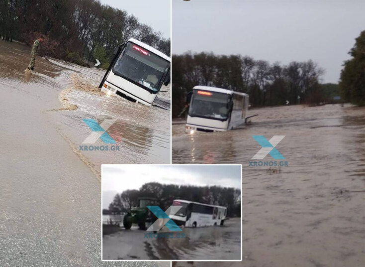 Λεωφορείο «κόλλησε» σε πλημμυρισμένο δρόμο στη Ροδόπη
