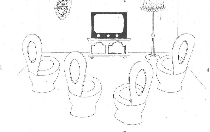 Σκίτσο του ΚΥΡ που απεικονίζει οθόνη τηλεόρασης και λεκάνες τουαλέτας