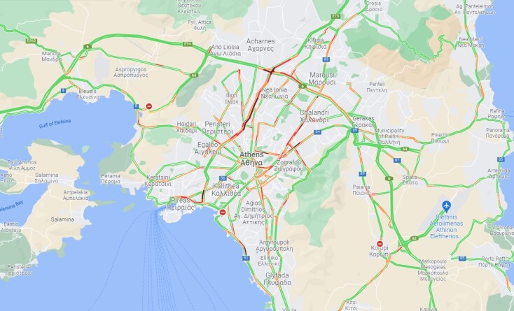 Χάρτης με την κίνηση στους δρόμους της Αθήνας