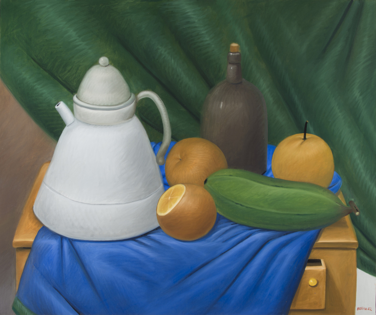 Fernando Botero (1932- ) Still Life with Green Curtain, 1982 Λάδι σε καμβά | Συλλογή Ιδρύματος Βασίλη και Ελίζας Γουλανδρή  109 × 130 cm