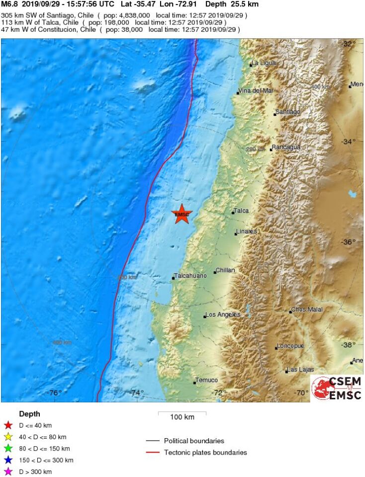 Χάρτης για τον σεισμό των 6,8R στη Χιλή