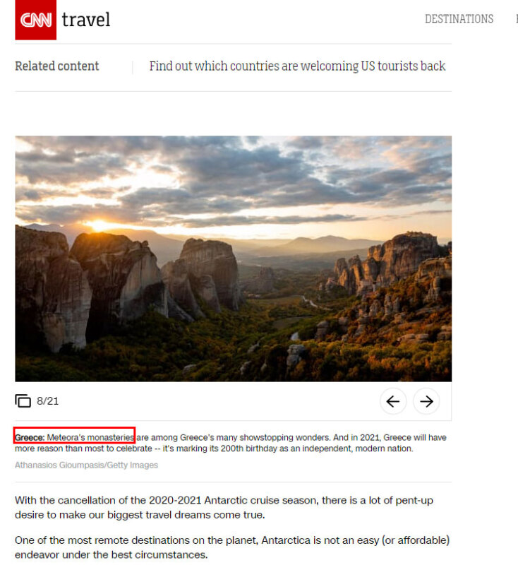 Η αναφορά του CNN Travel στα Μετέωρα, έναν από τους 21 κορυφαίους ταξιδιωτικούς προορισμούς για το 2021