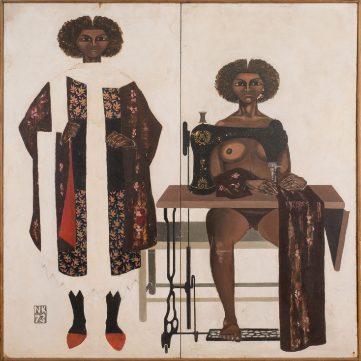 Νίκος Κούνδουρος, «Γυναίκα με ραπτομηχανή» (1973), λάδι σε ξύλο