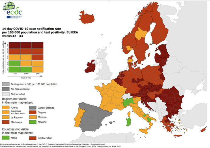 Σε «βαθύ κόκκινο» η Θεσσαλία, η Θράκη, η Κεντρική και Ανατολική Μακεδονία στον χάρτη του ECDC