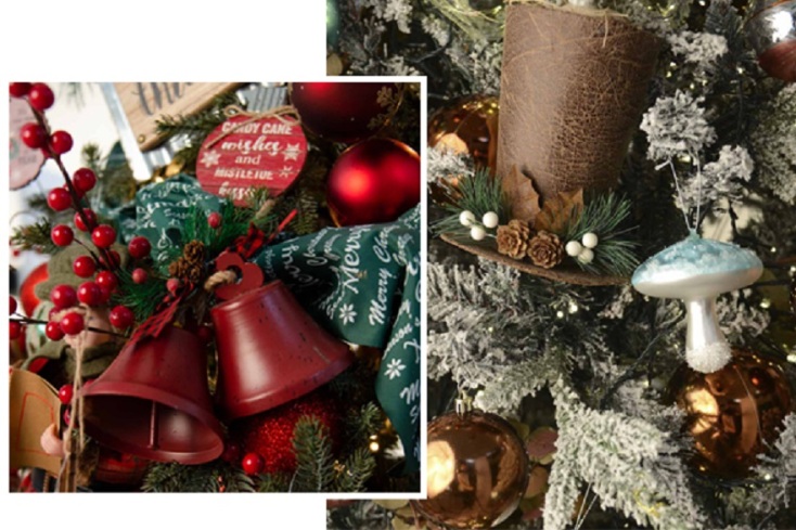 Λεπτομέρειες χριστουγεννιάτικης διακόσμησης, καμπάνες, γκι, στολίδια