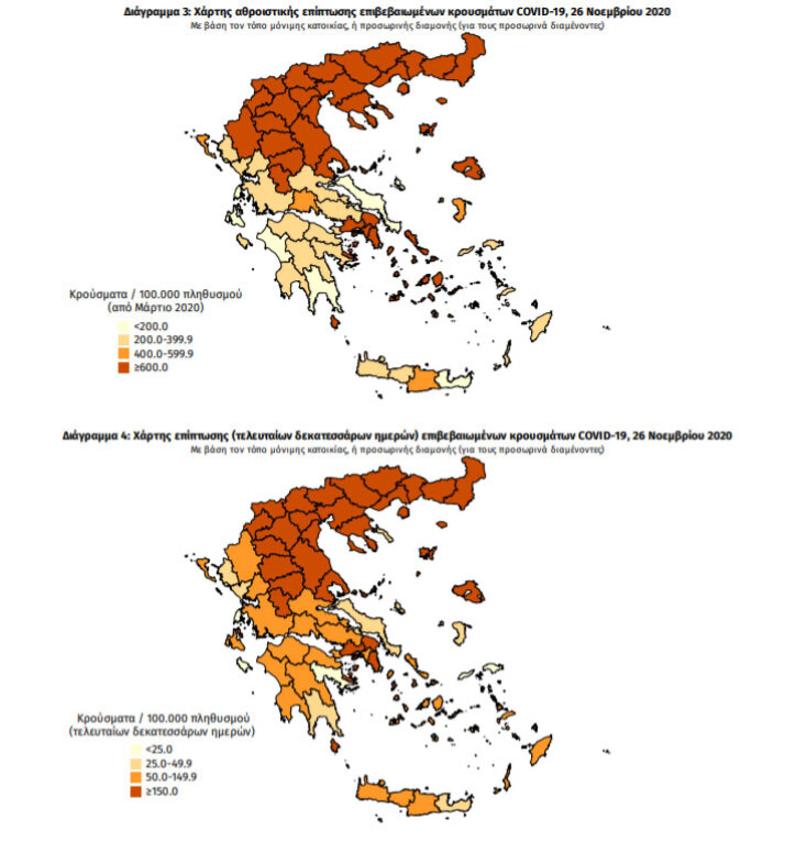 Χάρτες του ΕΟΔΥ με τις περιοχές στην Ελλάδα που έχουν τα περισσότερα κρούσματα κορωνοϊού συνολικά και τις τελευταίες 14 ημέρες | 26.11.2020