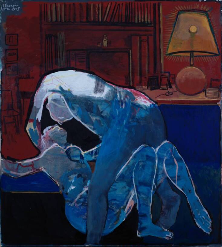 «Εραστές μπροστά στη βιβλιοθήκη», Εδουάρδος Σακαγιάν,1996-2005, λάδι σε μουσαμά, 98 x 188 εκ