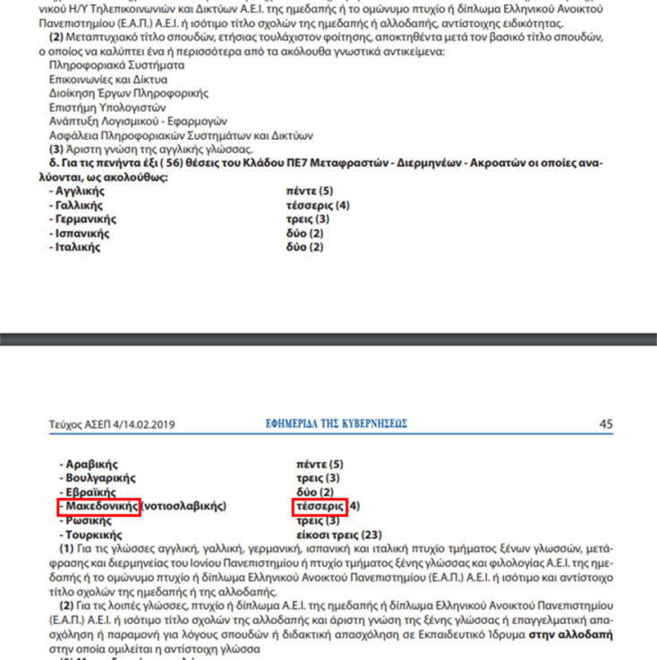 Το επίμαχο φύλλο του ΦΕΚ με την αναφορά σε «μακεδονική» γλώσσα