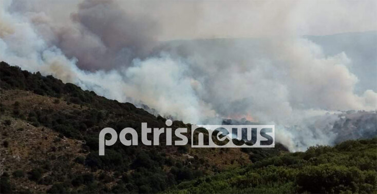 Η φωτιά στην περιοχή της Αρχαίας Ολυμπίας καίει δέντρα και χαμηλή βλάστηση