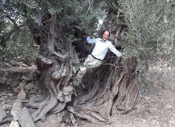 Ο δισέγγονος του Θ. Σπεράντζα, Ιωάννης Σταθόπουλος, στην υπεραινώβια ελιά που βρίσκεται στους χώρους του Μοναστηρίου