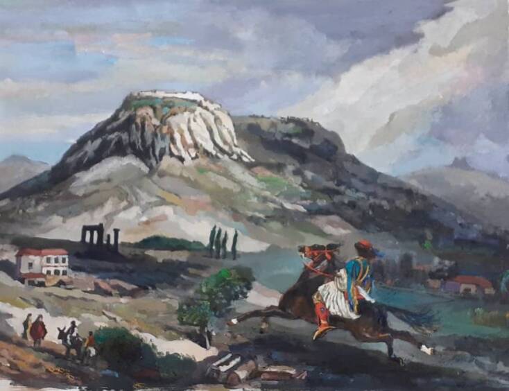 «Με το άλογο του Αγίου και το αυγό της Ανάστασης, Στίχος από το Μονόγραμμα του Ελύτη, Λάδι σε Καμβά 