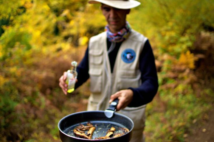 Ο Ανδρέας Σλιάρας μαγειρεύει επιτόπου τα μανιτάρια που μόλις μάζεψε