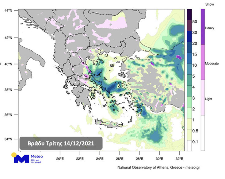Νέα επιδείνωση καιρού σήμερα Τρίτη (14/12) σύμφωνα με τον χάρτη του meteo για την κακοκαιρία