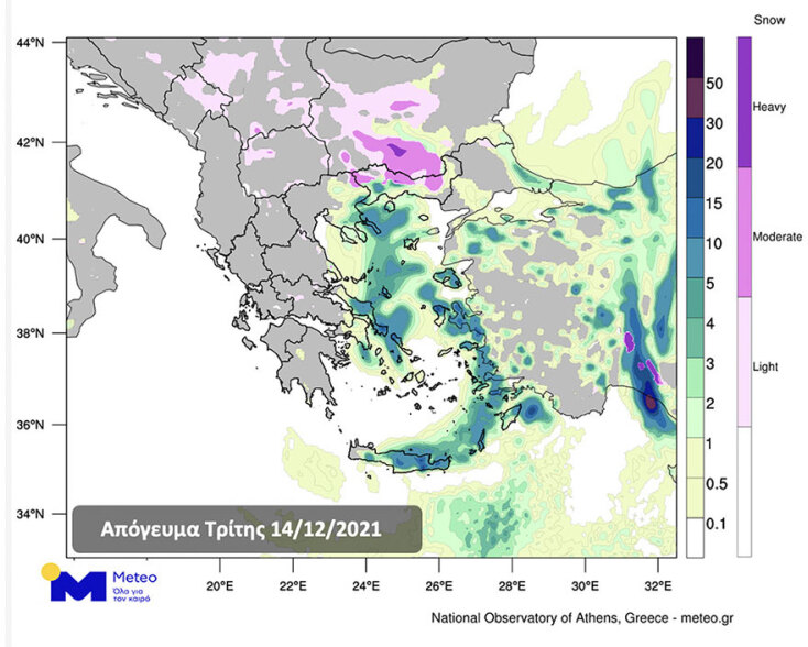 Χάρτης του meteo με τις περιοχές στην Ελλάδα που θα έχουν βροχές και χιόνια σήμερα Τρίτη (14/12)