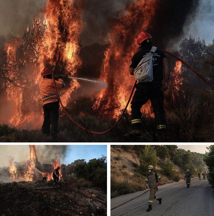Οι υπεράνθρωπες προσπάθειες των πυροσβεστών στις Κεχριές Κορινθίας, όπου μαίνεται το πύρινο μέτωπο