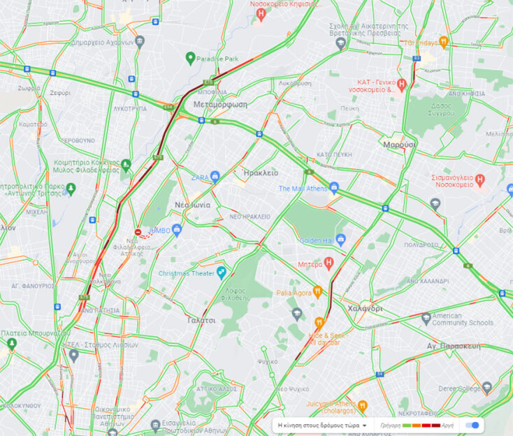 Το μποτιλιάρισμα στον Κηφισό, όπως φαίνεται σε χάρτη της Google