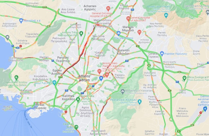 Η κίνηση στους δρόμους της Αθήνας σύμφωνα με τον χάρτη της Google