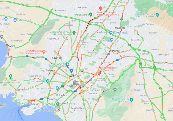 Χάρτης με την κίνηση στους δρόμους της Αττικής στις 16:23 το μεσημέρι της Δευτέρας