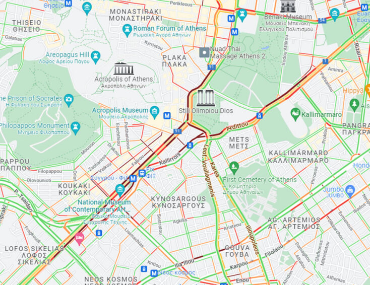 Χάρτης με την κίνηση στους δρόμους της Αθήνας
