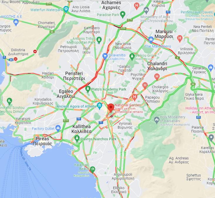 Χάρτης με την κίνηση στους δρόμους της Αττικής