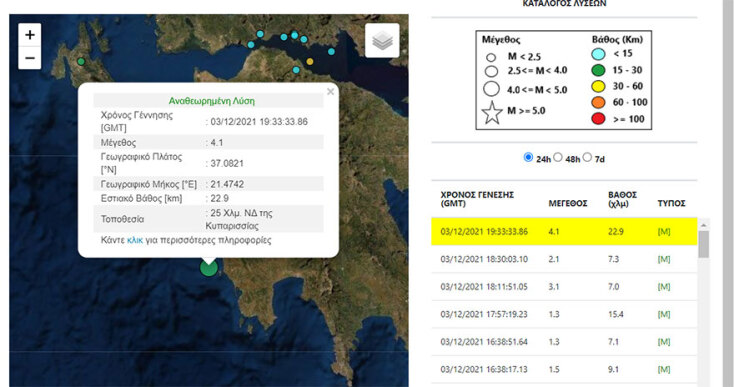 Ο σεισμός στην Κυπαρισσία, μεγέθους 4,1 Ρίχτερ, σύμφωνα με τον χάρτη του Γεωδυναμικού Ινστιτούτου