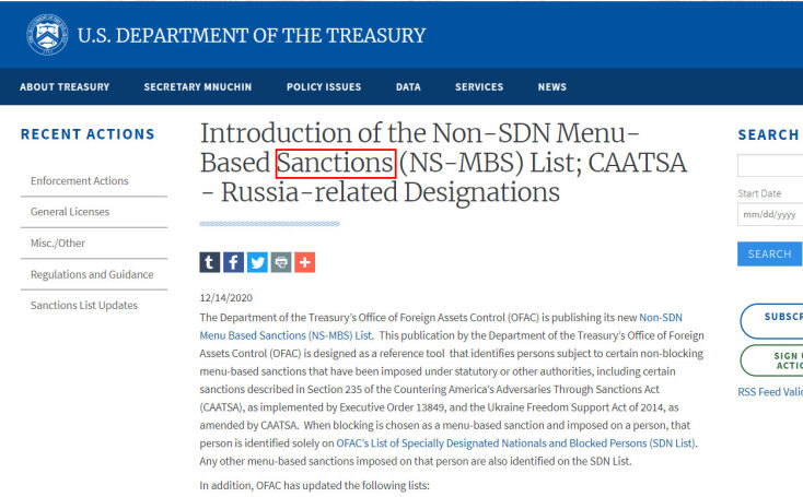 Αμερικανικές κυρώσεις στην Τουρκία - Η ανάρτηση της απόφασης στην ιστοσελίδα του Υπουργείου Οικονομικών των ΗΠΑ