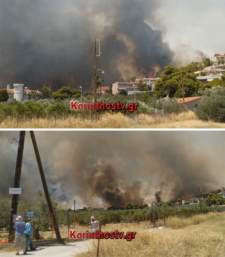 Φωτιά στις Κεχριές Κορινθίας: Ανάστατοι οι κάτοικοι παρακολουθούν τις φλόγες να πλησιάζουν απειλητικά τα σπίτια