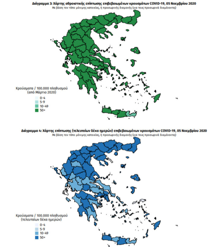 Χάρτης του ΕΟΔΥ με τις περιοχές που έχουν τα περισσότερα κρούσματα συνολικά και τις τελευταίες 10 ημέρες