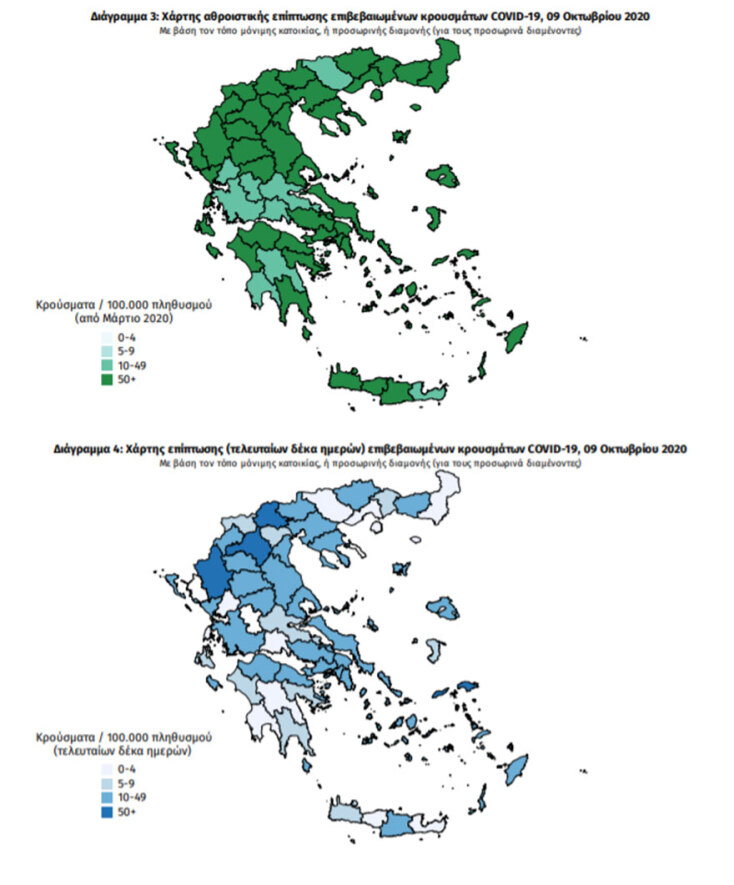 Κρούσματα κορωνοϊού στην Ελλάδα: Οι χάρτες του ΕΟΔΥ με τις περιοχές που έχουν τις περισσότερες μολύνσεις Covid-19 συνολικά και τις τελευταίες 10 ημέρες | 09.10.2020