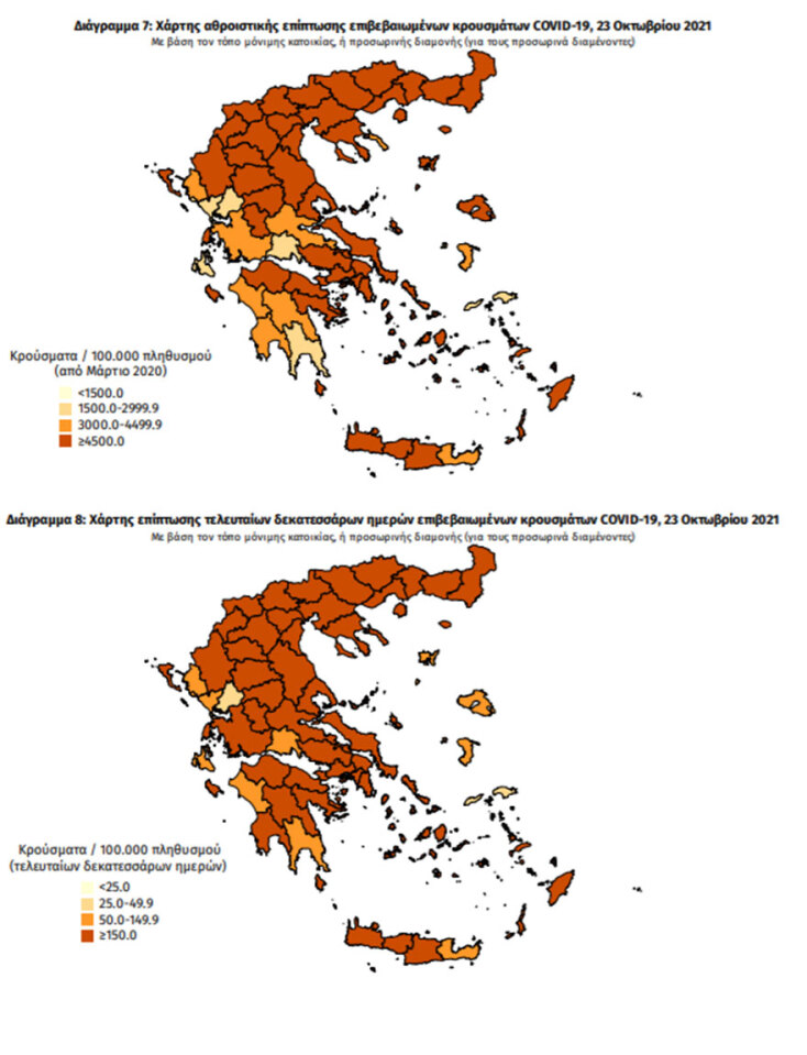 Ο χάρτης διασποράς με τα κρούσματα κορωνοϊού σήμερα και τις τελευταίες 14 ημέρες | 23.10.2021