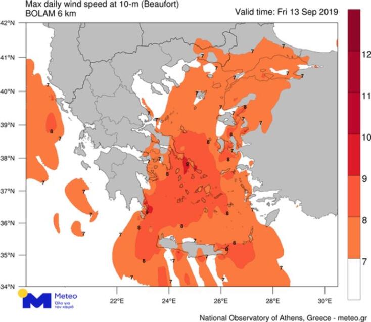 Χάρτης του meteo με τις ριπές ανέμου στην ελληνική επικράτεια