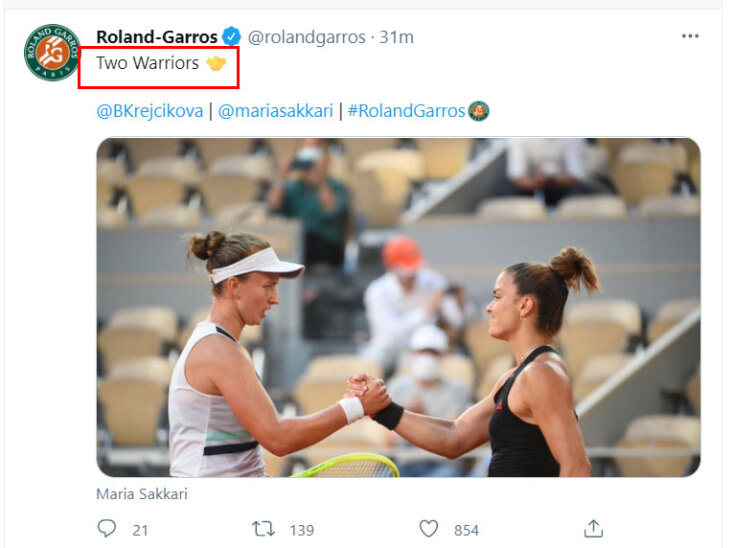 Σάκκαρη και Κρεϊτσίκοβα - «Δύο πολεμίστριες» αναφέρει το tweet των διοργανωτών του Roland Garros