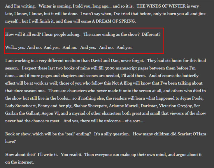 To post του George R.R. Martin για το τέλος του Game of Thrones