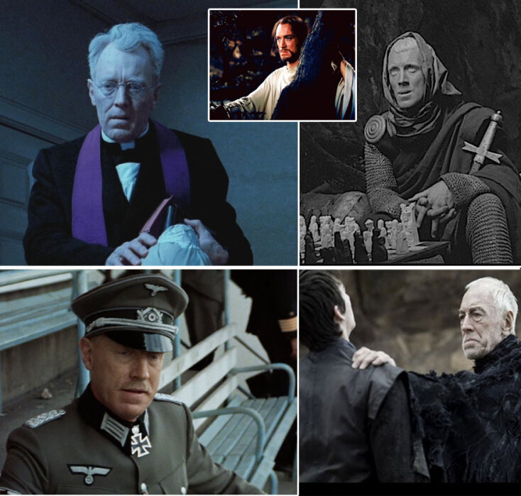 Από αριστερά προς δεξιά/Χαρακτηριστικοί ρόλοι του Μαξ Φον Σίντοφ στις ταινίες Εξορκιστής, Έβδομη Σφραγίδα, Η Μεγάλη Απόδραση των 11 και στην τηλεοπτική σειρά Game of Thrones - Ένθετη: Η Ωραιότερη Ιστορία του Κόσμου