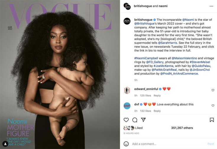 Instagram post με τη Ναόμι Κάμπελ αγκαλιά με το μωρό της για τη Vogue
