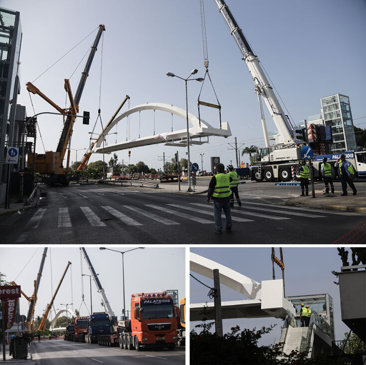 Η νέα πεζογέφυρα στη λεωφόρο Ποσειδώνος, στο ύψος του Αλίμου - Έφθασε σε κομμάτια με φορτηγά και συναρμολογήθηκε επιτόπου