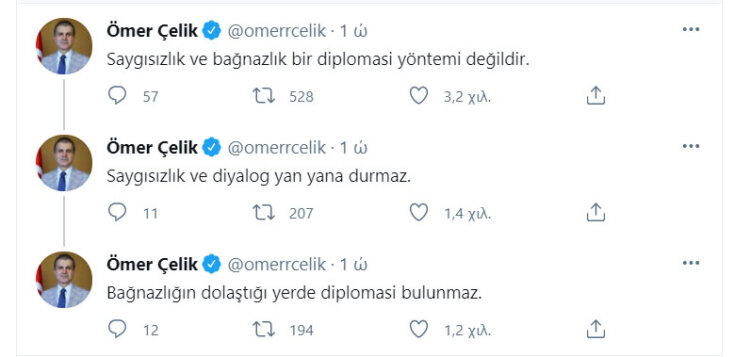 Τα tweet του Ομέρ Τσελίκ για τον «καβγά» Δένδια - Τσαβούσογλου στην Άγκυρα
