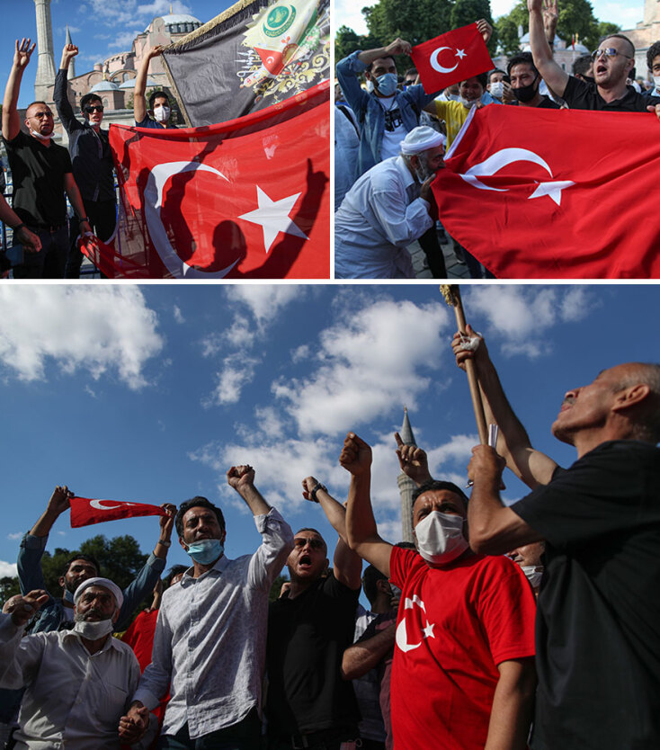 Με τουρκικές σημαίες οι υποστηρικτές του Ερντογάν στην Κωνσταντινούπολη πανηγυρίζουν για τη μετατροπή της Αγίας Σοφίας σε τζαμί