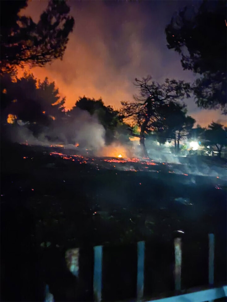 Η φωτιά στη Νέα Μάκρη καίει πεύκα και χαμηλή βλάστηση