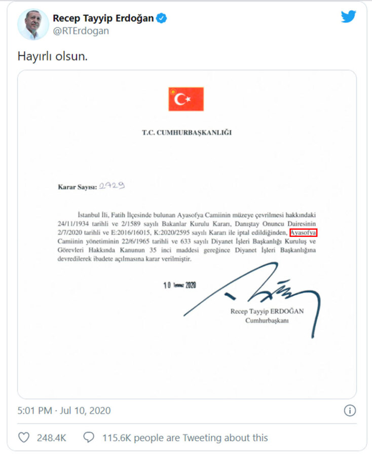 Το προεδρικό διάταγμα που υπέγραψε ο Ερντογάν, με το οποίο η Αγία Σοφία παύει να είναι μουσείo