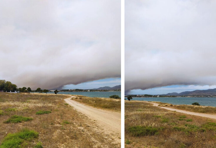 Σαλαμίνα - Φανερωμένη: Ορατός ο καπνός από τη μεγάλη φωτιά στον Σχίνο Κορινθίας