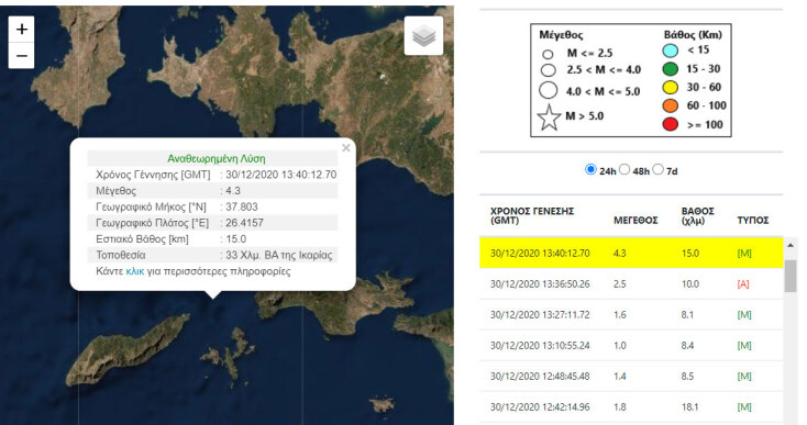 Σεισμός μεταξύ Σάμου και Ικαρίας: Χάρτης με το επίκεντρο της σεισμικής δόνησης