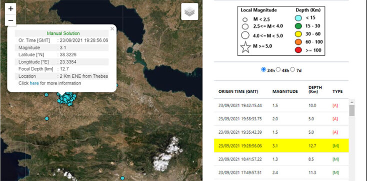 Ο χάρτης του Γεωδυναμικού Ινστιτούτου με το επίκεντρο του νέου σεισμού στη Θήβα