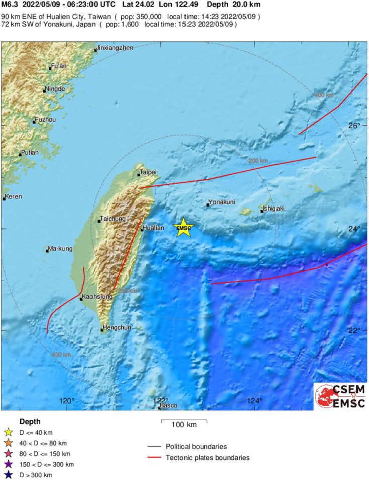Χάρτης με το επίκεντρο του σεισμού στην Ταϊβάν