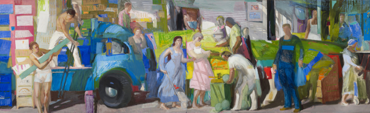 «Λαϊκή Αγορά», Παναγιώτης Τετσής - 1981. Λάδι σε καμβά, δίπτυχο 248.5 × 810 cm Δωρεά του καλλιτέχνη / Συλλογή Ιδρύματος Βασίλη και Ελίζας Γουλανδρή 