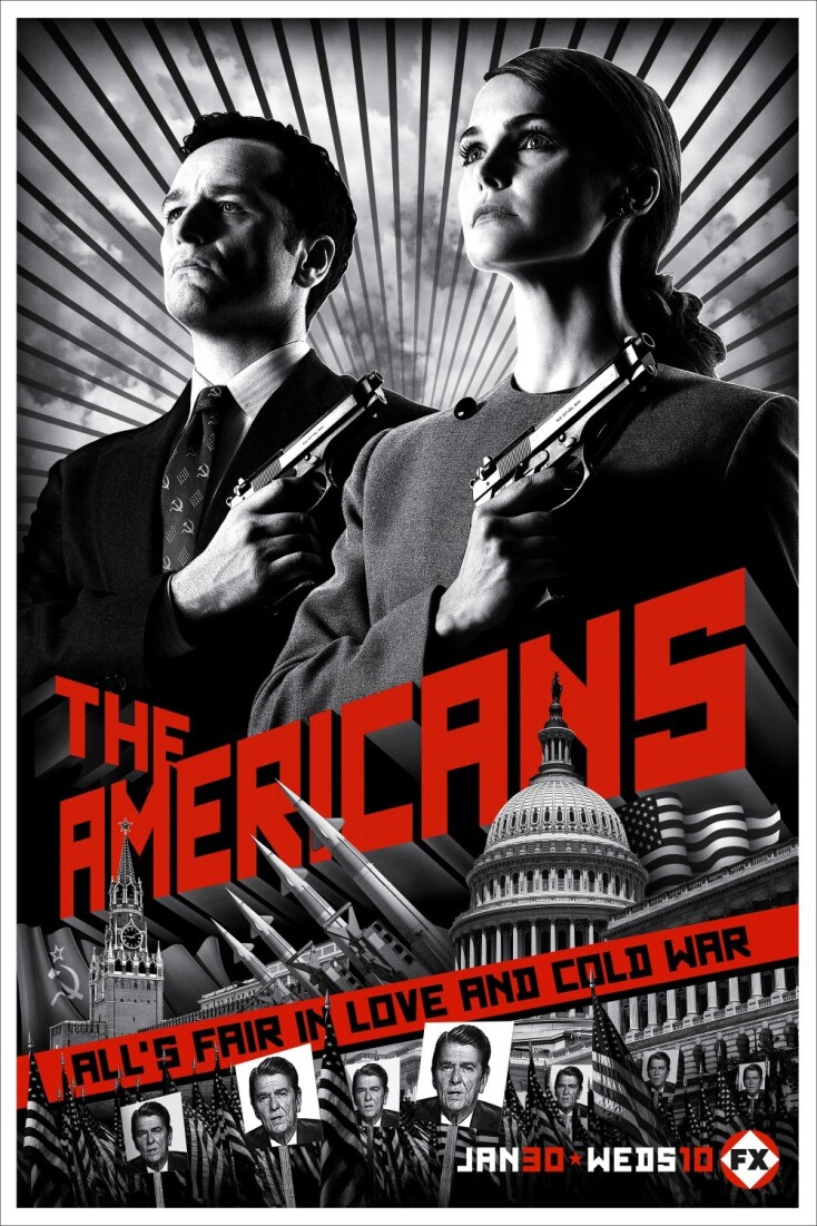 Αφίσα της τηλεοπτικής σειράς "The Americans" που απεικονίζει άνδρα και γυναίκα με όπλα