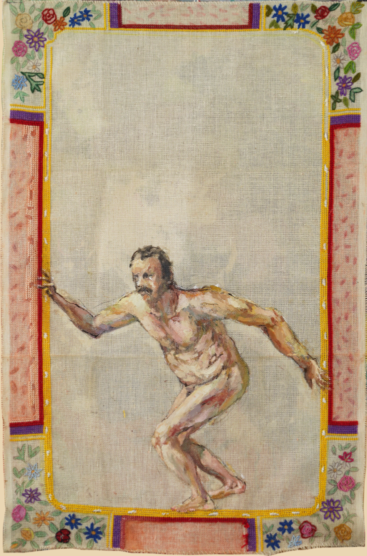 Νίκος Κόνιαρης  Επιφάνεια Μ46 ή Ο Περιπλανώμενος, 2020  Λάδι και κέντημα σε καμβά για κέντημα, 90x59 εκ.